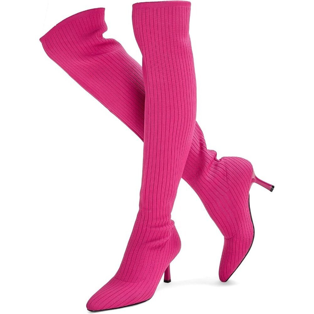 Women's Pink Thigh High Socks Pointed Toe Over-the- Knee High Heel Boots